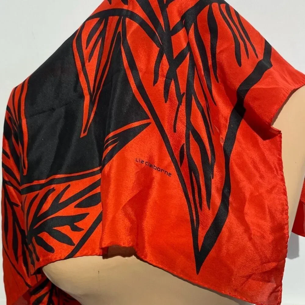 Liz Claiborne Women's Red Black Leaf Print Satin Square Scarf‎